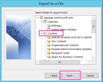 Scroll up and then choose the contacts folder you want to export.